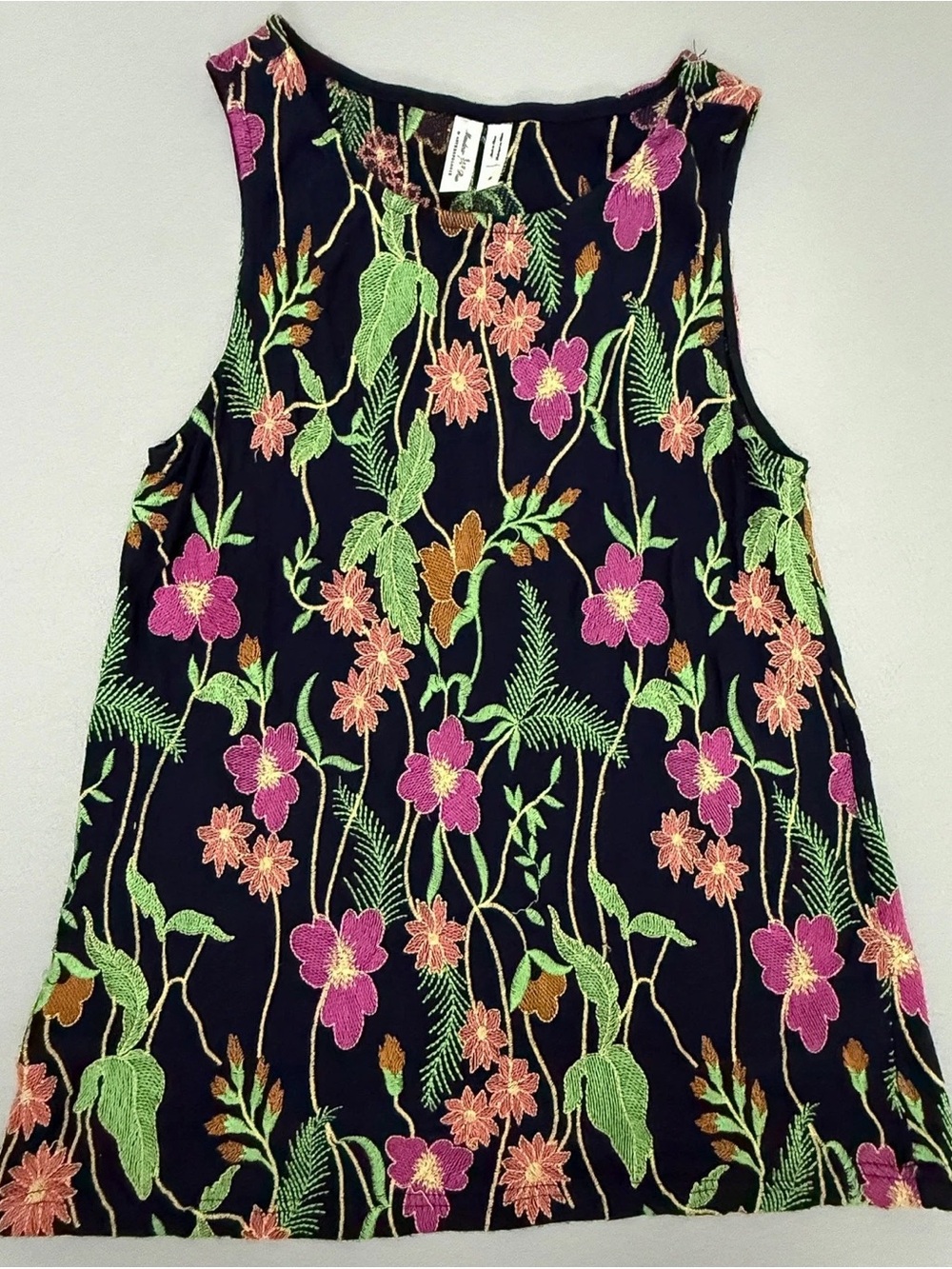 Meadow Rue Black Sleeveless Top with Pink, Green & Gold Floral Embroidery